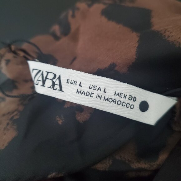 Zara New Brown & Black Abstract Tie Front Blouse with Full Cut Out Long Sleeve L - Picture 14 of 15